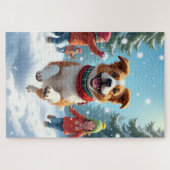 ボーダー・テリアの雪合戦 クリスマスの絵画 ジグソーパズル (横)