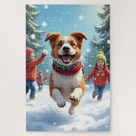 ボーダー・テリアの雪合戦 クリスマスの絵画 ジグソーパズル (縦)