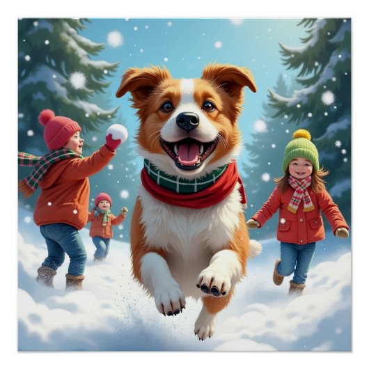 ボーダー・テリアの雪合戦 クリスマスの絵画 ポスター (正面)