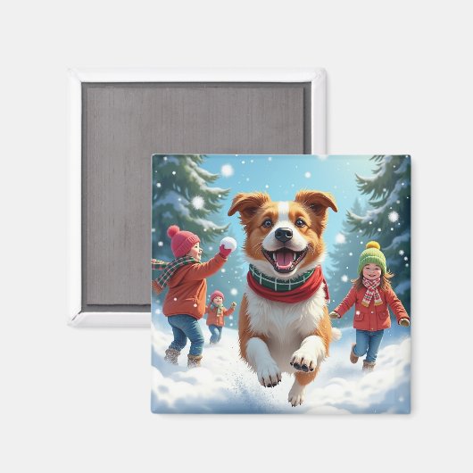 ボーダー・テリアの雪玉合戦 クリスマスの絵画 マグネット (正面/裏面)