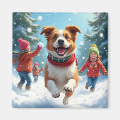 ボーダー・テリアの雪玉合戦 クリスマスの絵画 マグネット (正面)