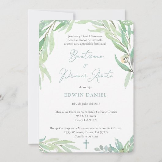 ボーチスペインのゾボーイバプテスマ&ファースト誕生日 招待状 (正面)