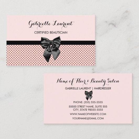 ボーティシアンシックパリジャンピンク水玉模様ブラックボウ 名刺 (正面/裏面)