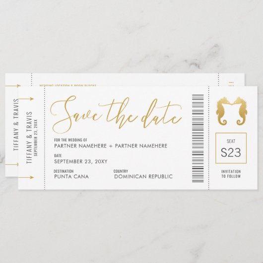 ボーディングパスシーホースキスをするチケットビーチ セーブザデート (正面/裏面)