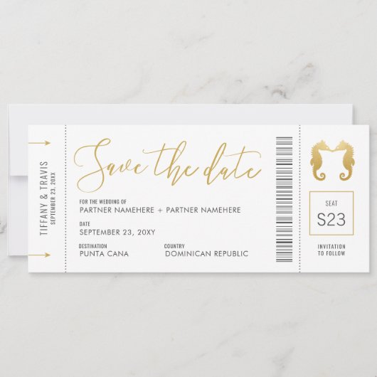 ボーディングパスシーホースキスをするチケットビーチ セーブザデート (正面)