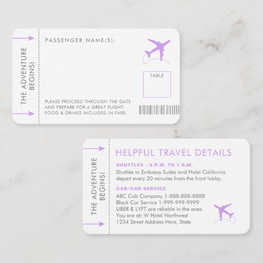 ボーディングパスチケット座席表薄紫紫 プレイスカード (正面/裏面)
