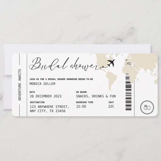 ボーディングパストラベルテーマのブライダルシャワーベージュ 招待状 (正面)