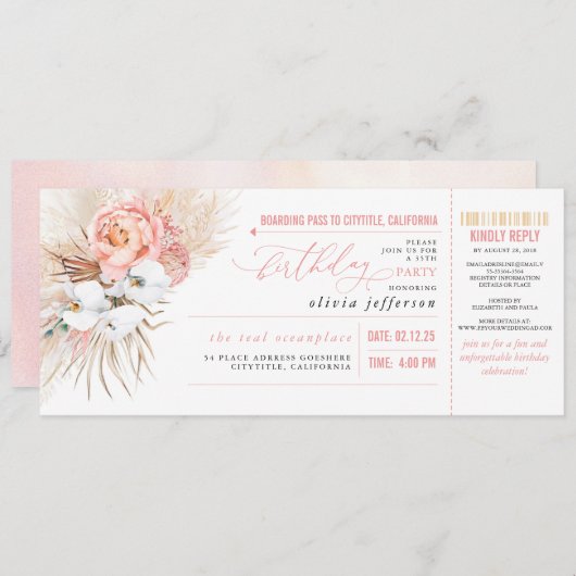 ボーディングパストロピカルフローラ誕生日チケットインヴィ 招待状 (正面/裏面)