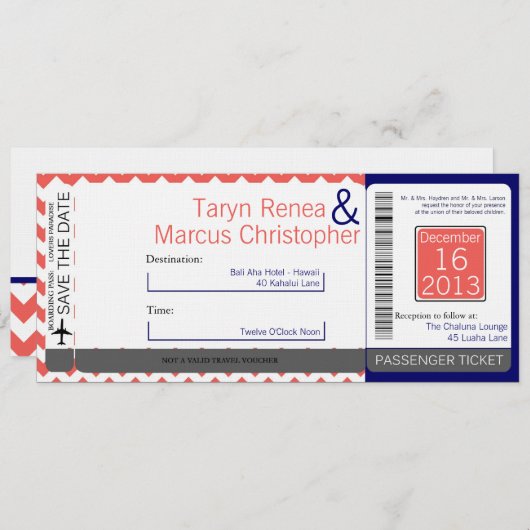 ボーディングパスリネン結婚式招待状コーラルシファー 招待状 (正面/裏面)