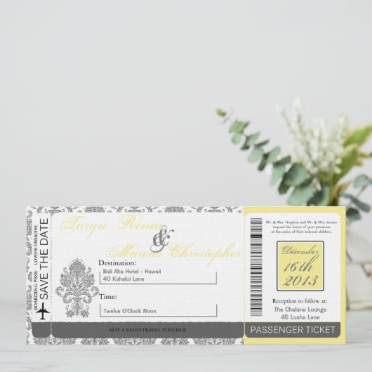 ボーディングパスリネン結婚式招待状ダマスクグレー 招待状 (スタンド正面)