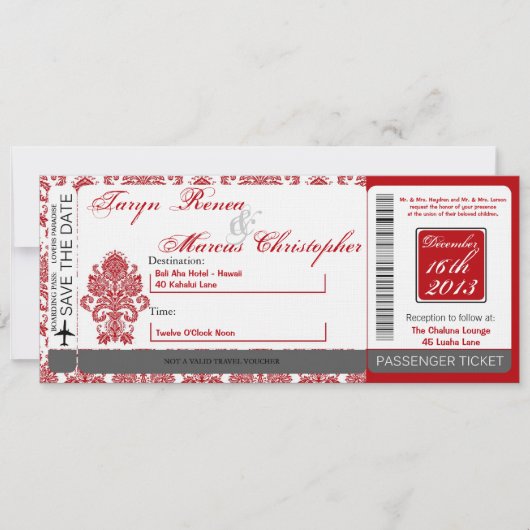 ボーディングパスリネン結婚式招待状ダマスクレッド 招待状 (正面)