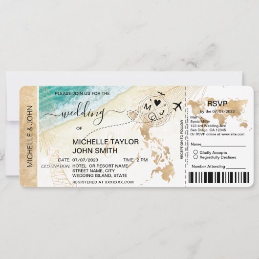 ボーディングパスワールドマップフィリピンビーチRSVP 招待状 (正面)
