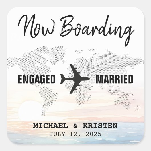 ボーディングパス海サンセット行先結婚式 スクエアシール (正面)