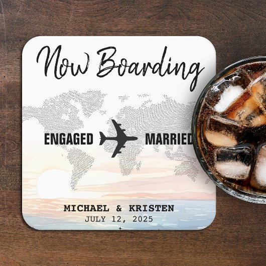 ボーディングパス海サンセット行先結婚式 スクエアペーパーコースター