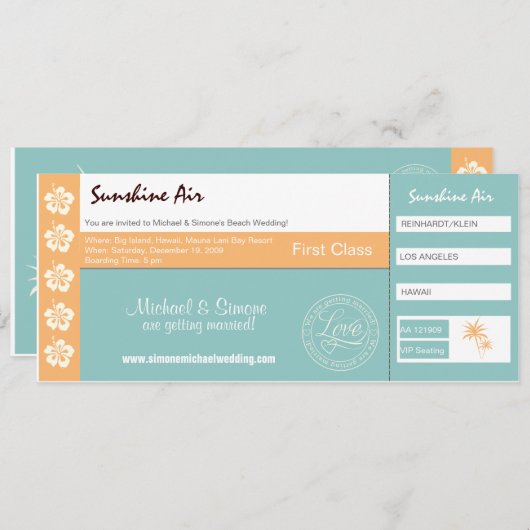 ボーディングパス結婚式招待状ターコイズオレンジ 招待状 (正面/裏面)
