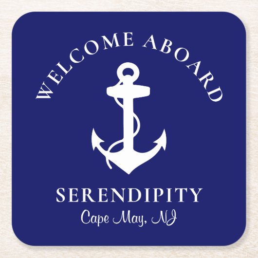 ボートいかりネイビーパーソナライズされた スクエアペーパーコースター (正面)