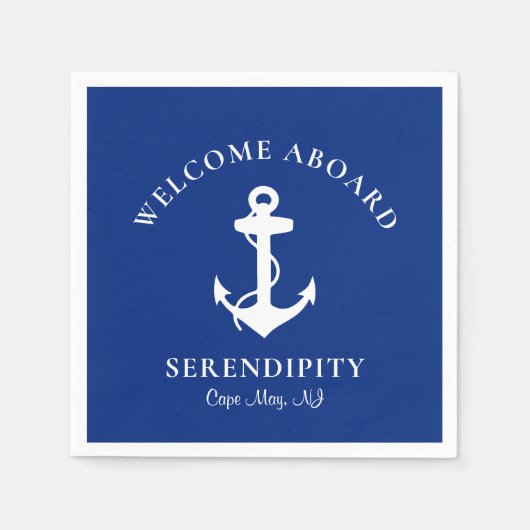 ボートいかりネイビーブルーパーソナライズされたウェルカムアボード スタンダードカクテルナプキン (正面)