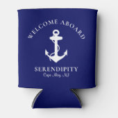 ボートいかりネイビーブルーパーソナライズされたネーム 缶クーラー (正面)