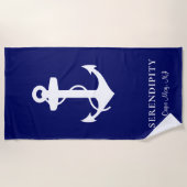 ボートいかりパーソナライズされたネイビーブルー ビーチタオル (正面)