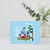 ボートおもしろいにプレゼントを贈るクリスマスサンタ シーズンポストカード (スタンド正面)