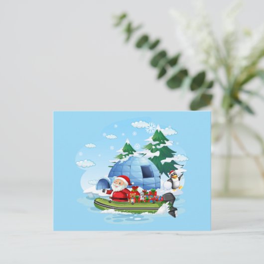 ボートおもしろいにプレゼントを贈るクリスマスサンタ シーズンポストカード (スタンド正面)