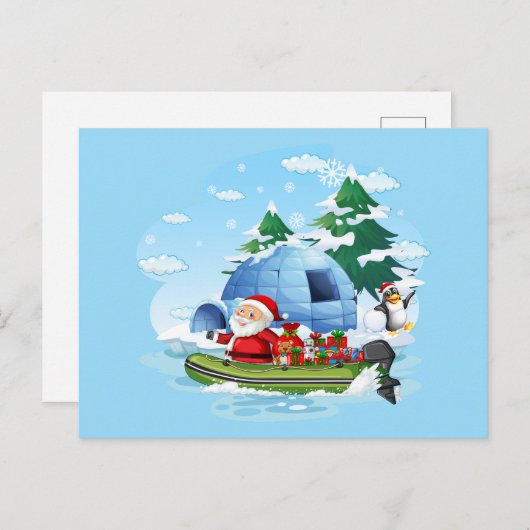 ボートおもしろいにプレゼントを贈るクリスマスサンタ シーズンポストカード (正面/裏面)