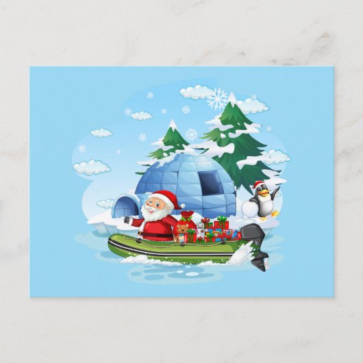 ボートおもしろいにプレゼントを贈るクリスマスサンタ シーズンポストカード (正面)