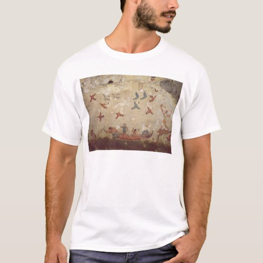 ボートおよび鳥飛行の漁師 Tシャツ (正面)