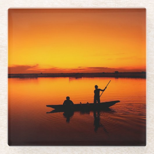ボートで夕日の景色–68465 ガラスコースター (正面)