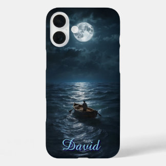 ボートで海の月の夜の平和な海ギフト iPhone 16 PLUSケース