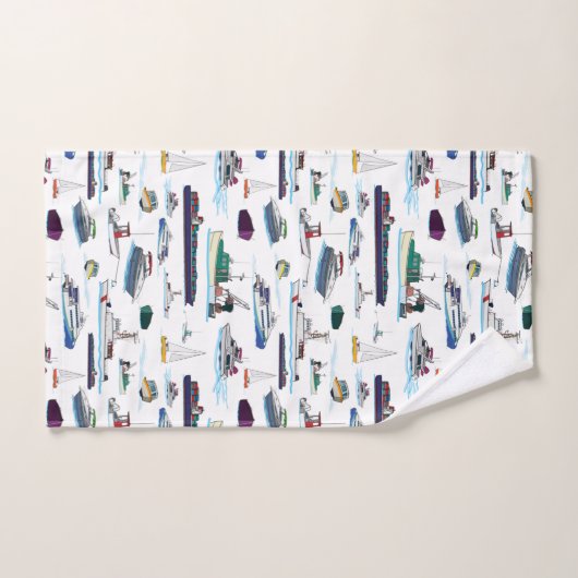 ボートと船舶のイラストのランダムパターン バスタオルセット (ハンドタオル)