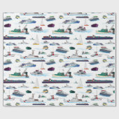 ボートと船舶のイラストランダムパターン ラッピングペーパー (フラット)