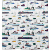 ボートと船舶のイラストレーションランダムパターン シャワーカーテン (正面)