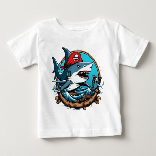 ボートに乗ったかわいい海賊さめ ベビーTシャツ (正面)