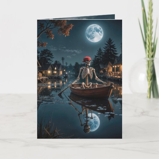 ボートのハロウィーンのスケルトン カード (正面)