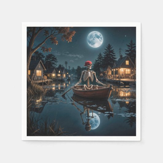 ボートのハロウィーンのスケルトン スタンダードカクテルナプキン (正面)