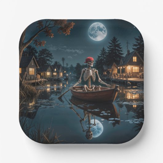 ボートのハロウィーンのスケルトン ペーパープレート (正面)