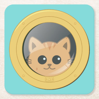 ボートの舷窓から顔を出すかわいいジンジャーキャット スクエアペーパーコースター