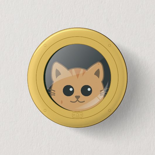 ボートの舷窓から顔を出すかわいい猫 缶バッジ (正面)