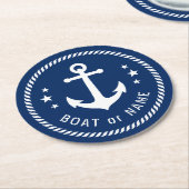 ボートまたは名前ヴィンテージいかりスターズロープネイビーブルー ラウンドペーパーコースター (アングル)