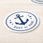 ボートまたは名前ヴィンテージいかりスターズロープブルーホワイト ラウンドペーパーコースター (アングル)