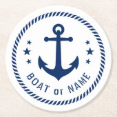 ボートまたは名前ヴィンテージいかりスターズロープブルーホワイト ラウンドペーパーコースター (正面)