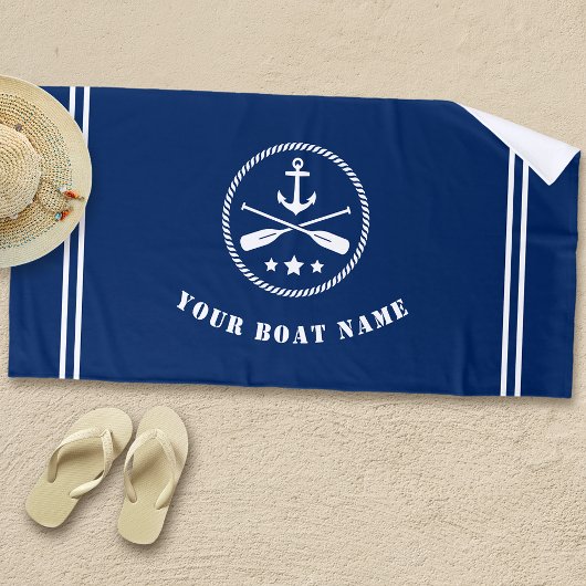 ボートまたは名前航海のいかり&クロスOars Navy ビーチタオル