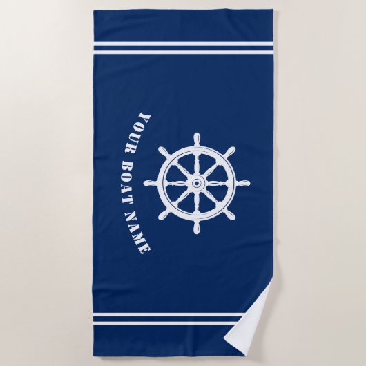 ボートまたは名航海の前船ホイールヘルムネイビーブルー ビーチタオル (正面)