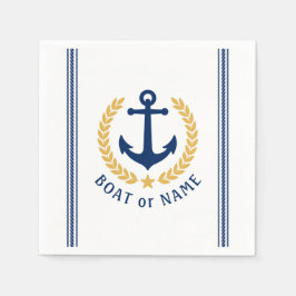 ボートまたは家族の名前いかりローレルロープのストライプ スタンダードカクテルナプキン