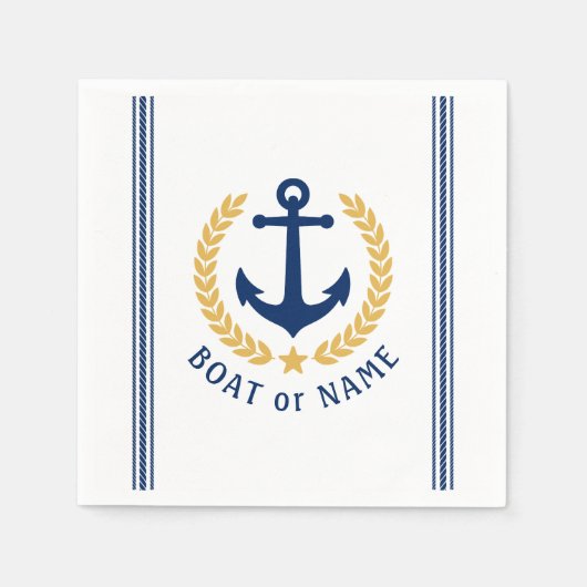 ボートまたは家族の名前いかりローレルロープのストライプ スタンダードカクテルナプキン (正面)