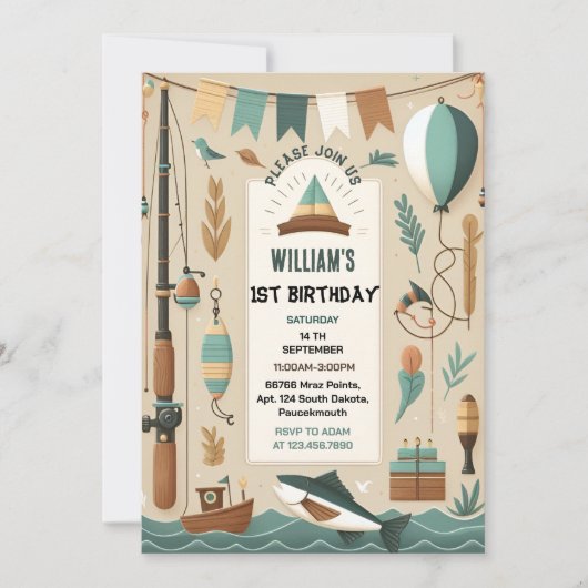 ボートを可愛い男の子を作る魚の多くは1日の誕生日 招待状 (正面)