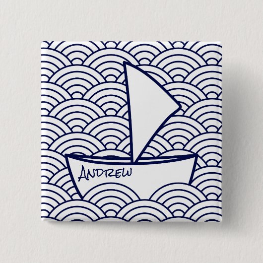 ボートを波に乗せる四角いボタン 缶バッジ (正面)