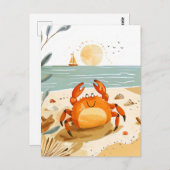 ボートを背景にしたビーチ上のカニガニ ポストカード (正面/裏面)