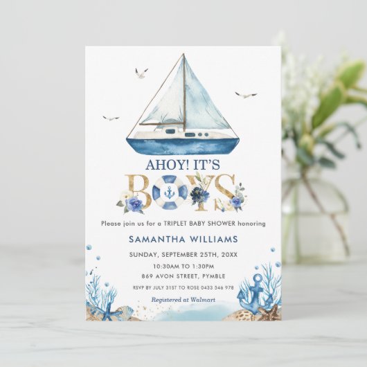 ボートアホ航海のイ男の子の三つ組ベビーシャワー 招待状 (スタンド正面)